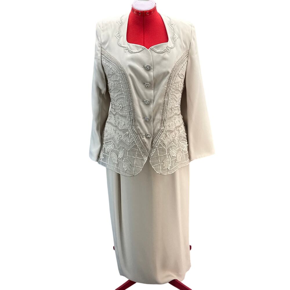 Davinci Vintage Beige Embroidered Beaded Formal Jacket Skirt Set Women 14